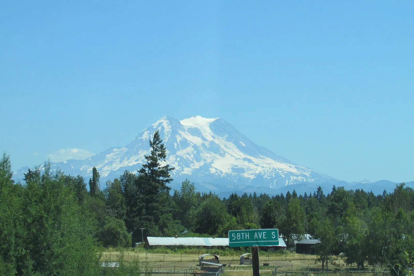 Mount Rainier rising above pasture and evergreen forest northeast of Yelm, Washington